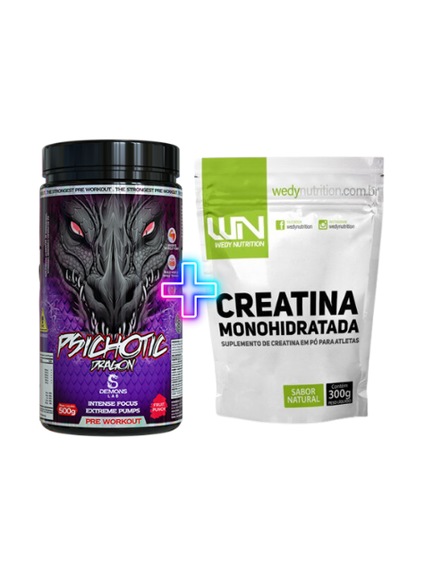 combo 1 psichotic dragon 500g 1 creatina refil 300g frutas vermelhas